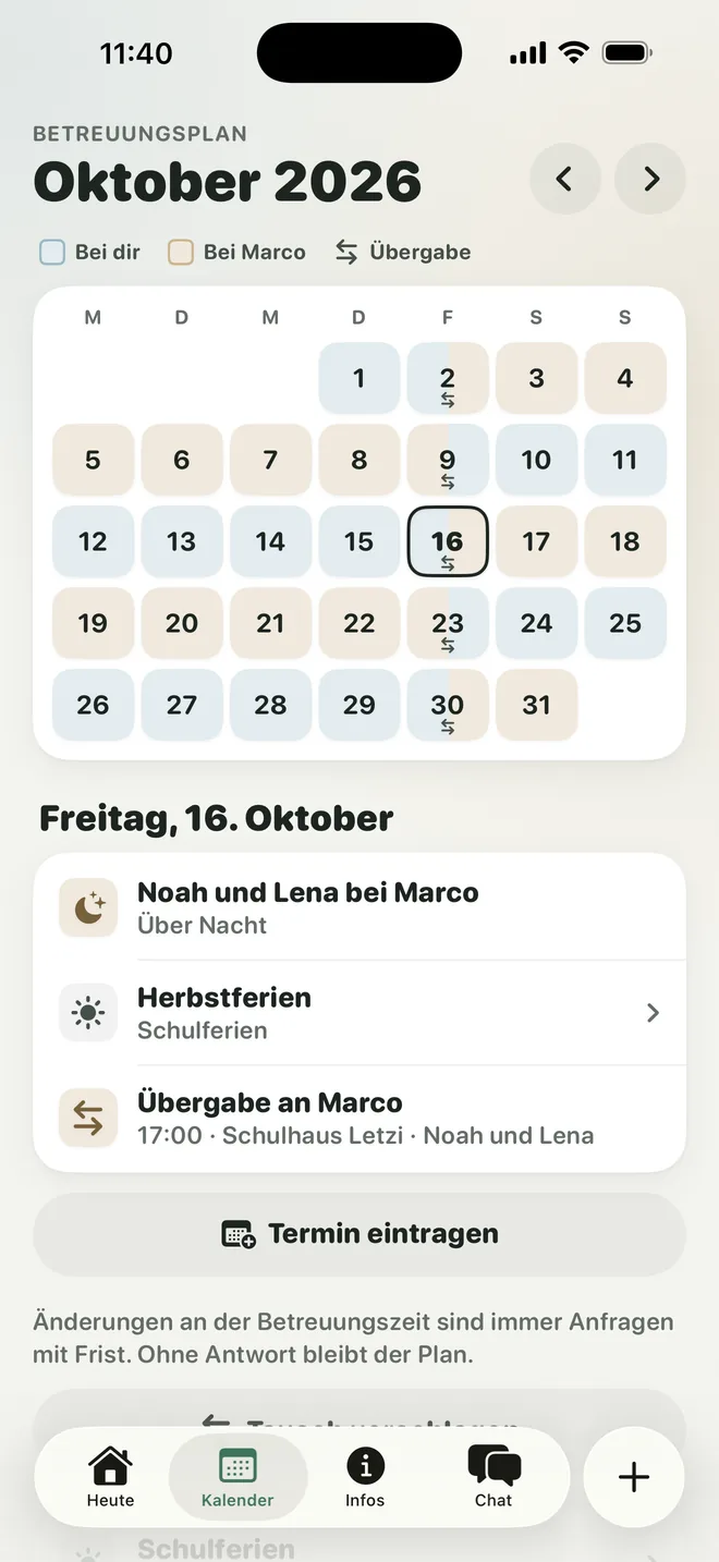 Beidi-Kalender: Wochen bei Sandra und bei Marco, Übergaben am Freitag