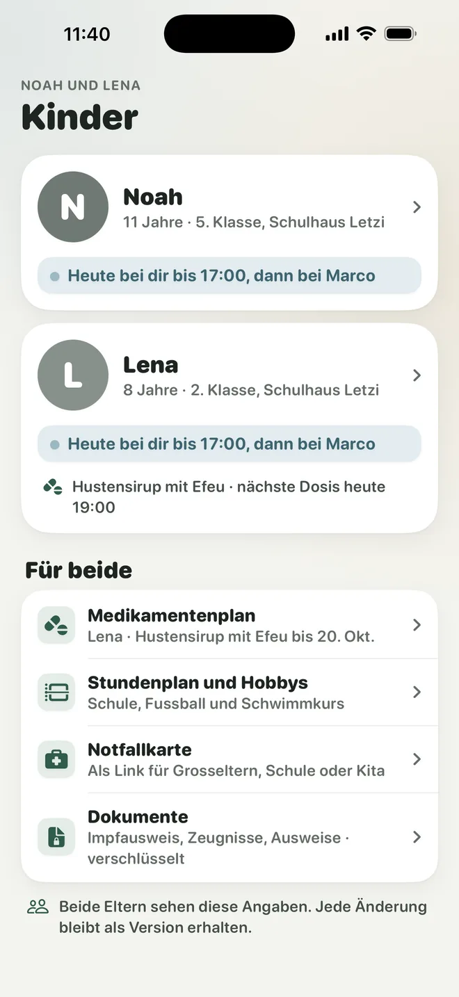 Kinder: Noah und Lena, heute bei Sandra bis 17:00, nächste Dosis Hustensirup um 19:00