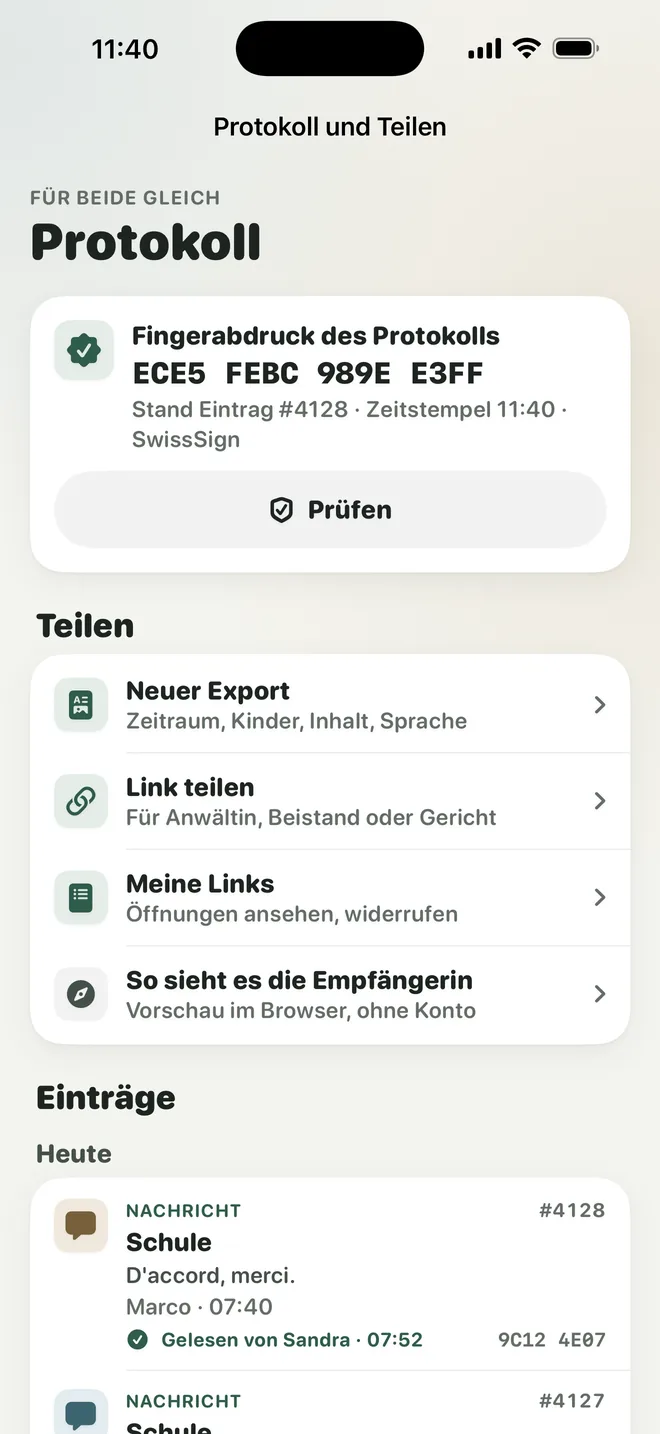 Protokoll mit Fingerabdruck, Zeitstempel und Einträgen mit Lesezeiten