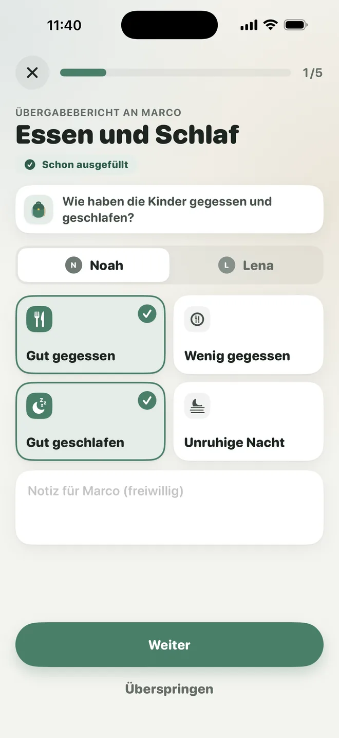 Übergabebericht: Essen und Schlaf für Noah, gut gegessen und gut geschlafen