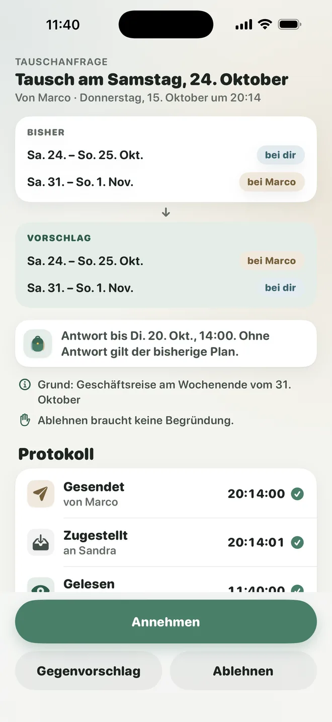 Beidi-Anfrage: Tausch am Samstag, 24. Oktober, Antwort bis Dienstag, sonst gilt der Plan