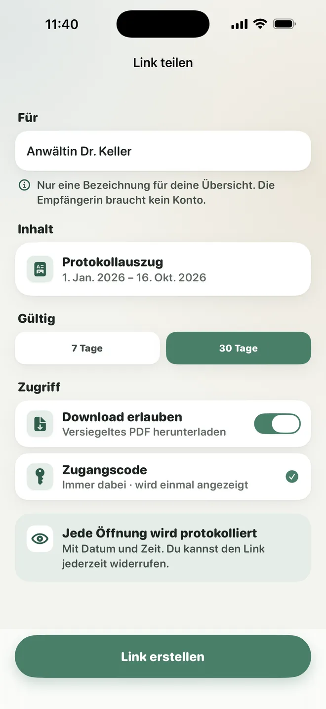 Beidi, Link teilen: für Anwältin Dr. Keller, Protokollauszug, gültig sieben oder dreissig Tage, mit Zugangscode