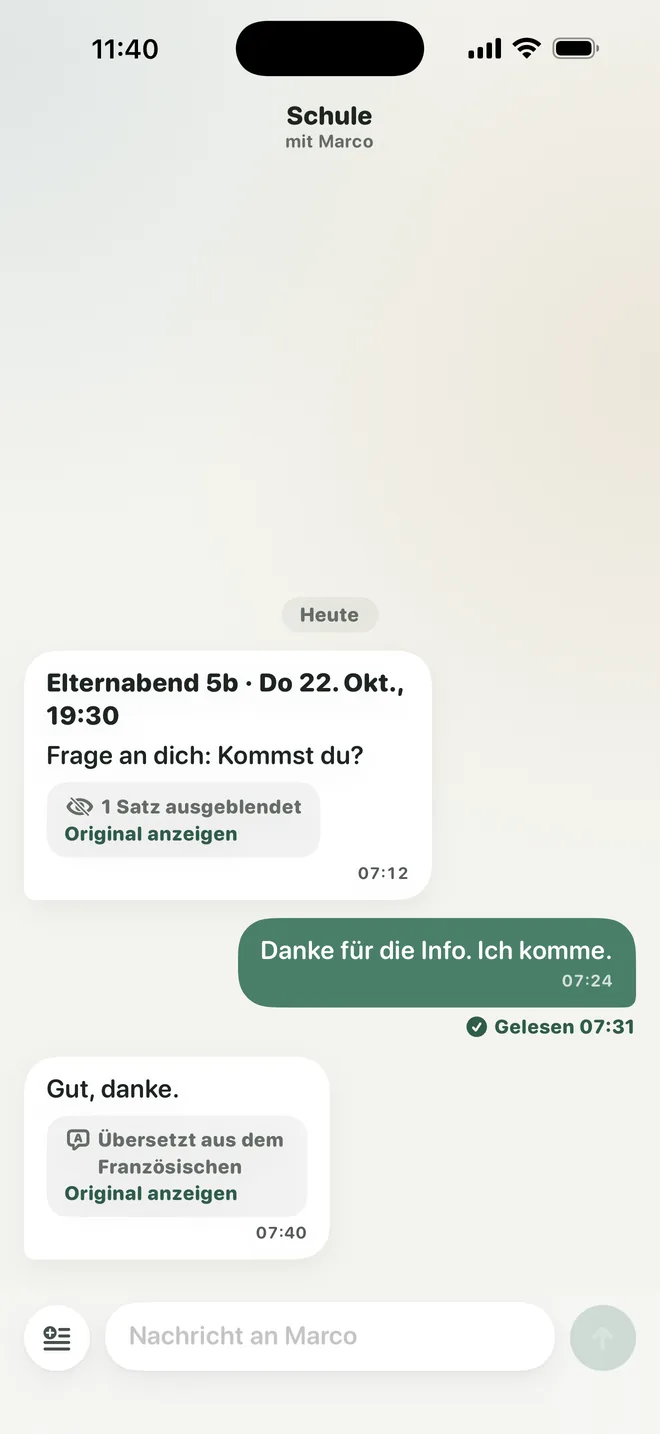 Chat «Schule»: Nachricht mit Fakten zuerst, ein Satz ausgeblendet, Übersetzung aus dem Französischen