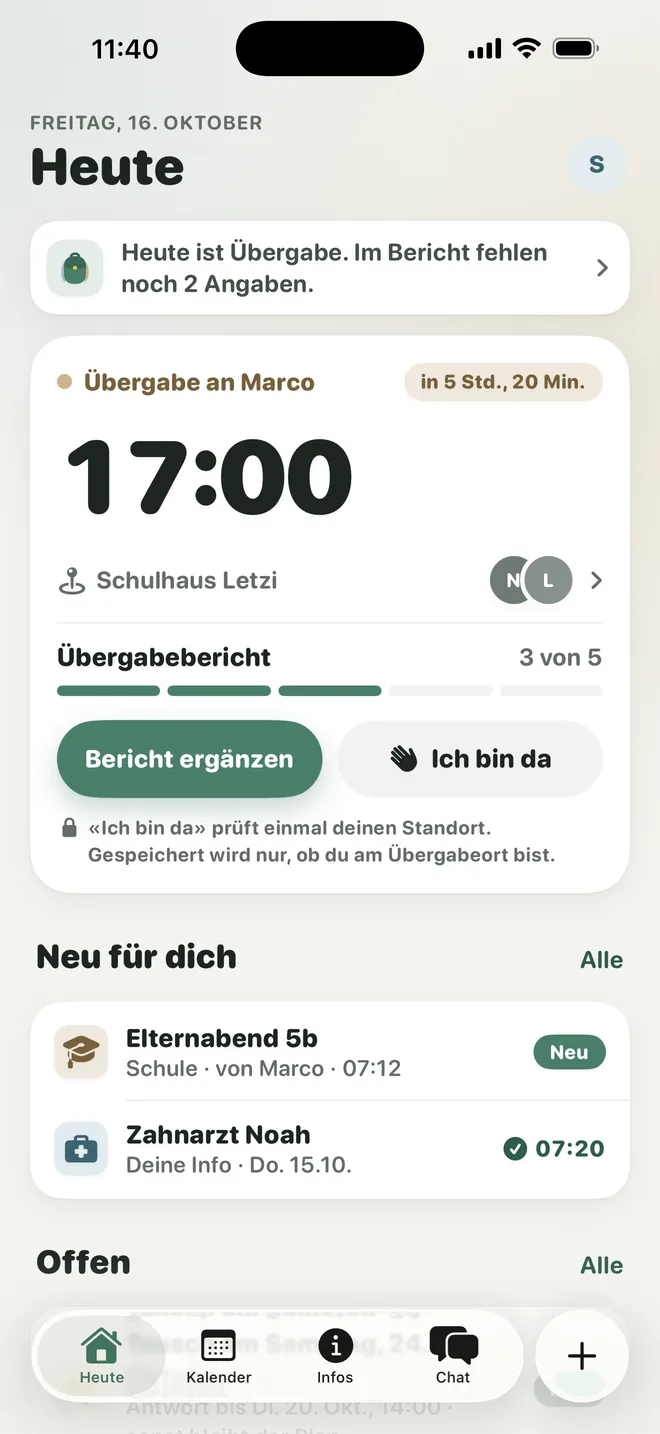 Beidi, Screen «Heute»: Übergabe an Marco um 17:00 und der Stand des Übergabeberichts